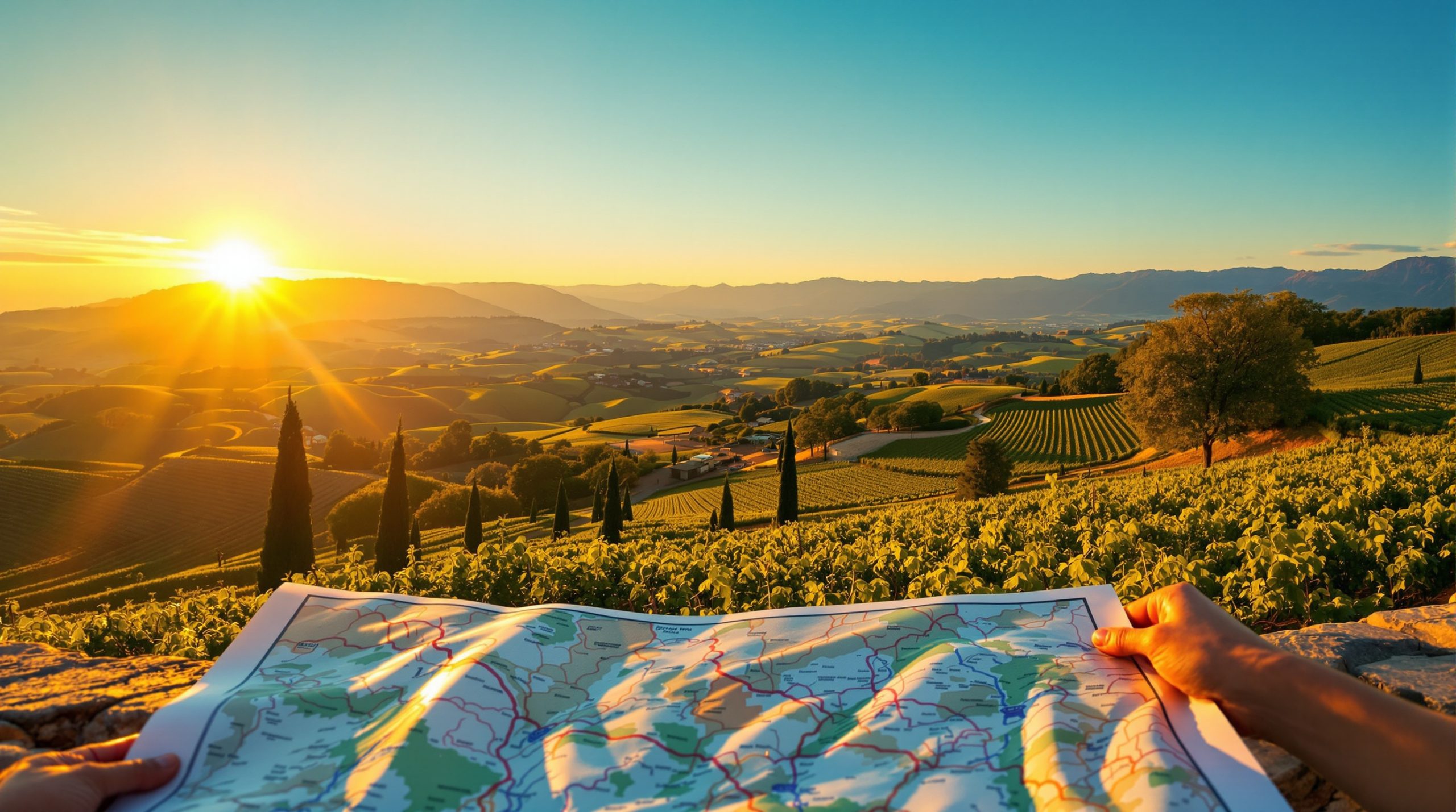 Paysage de vignobles au coucher du soleil