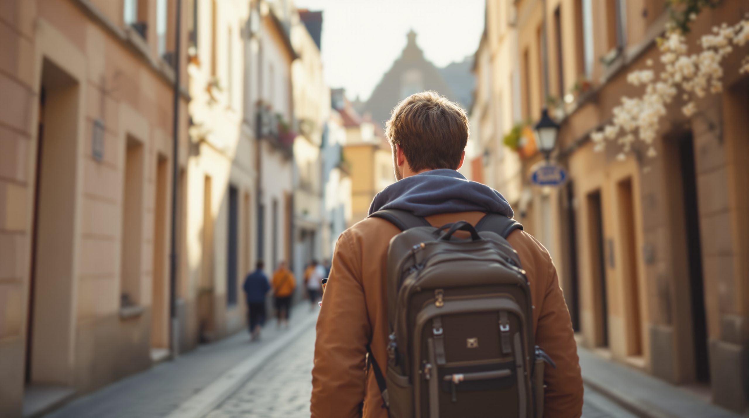 Voyageur connecté en ville européenne